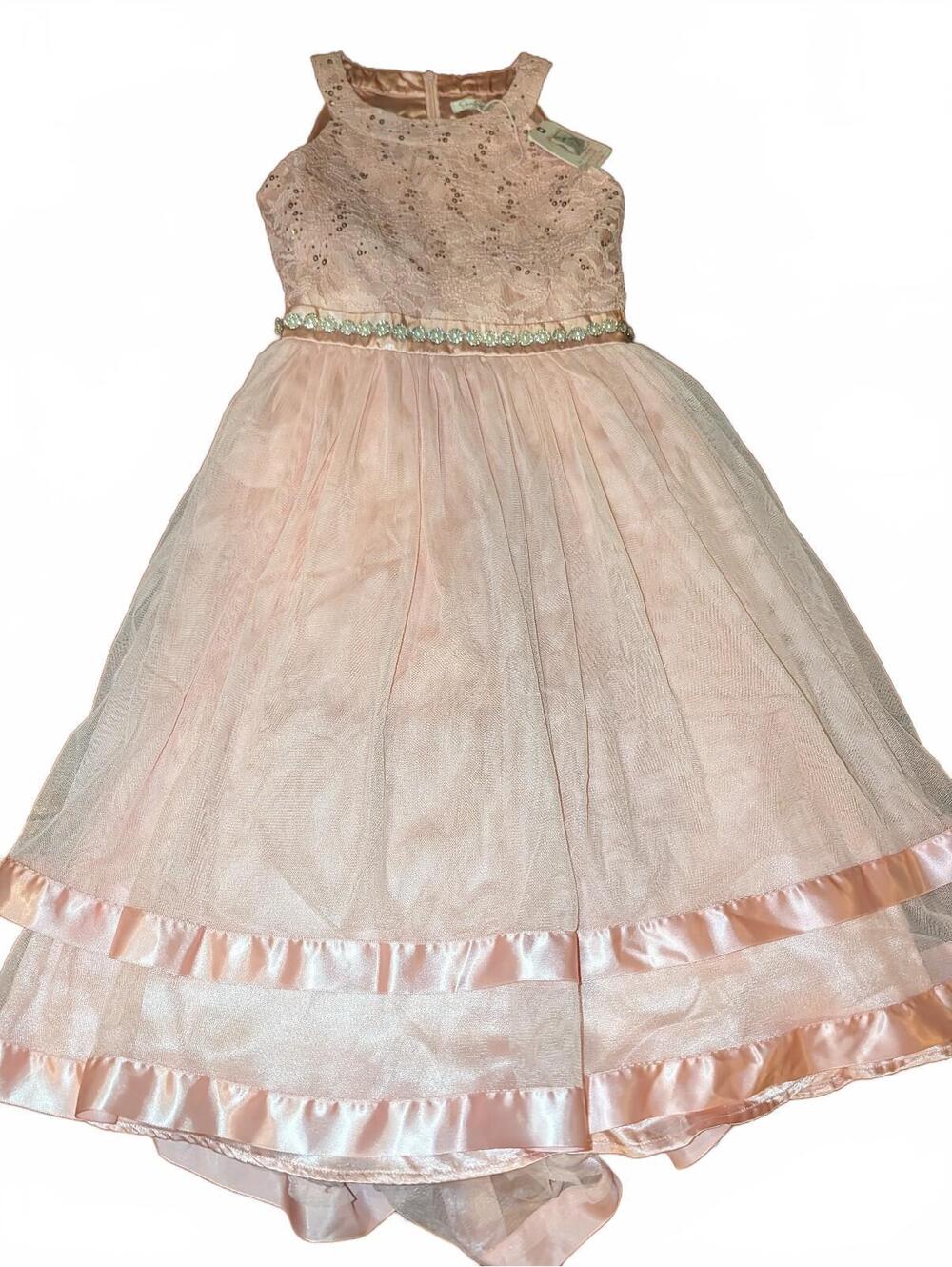 Jessica Simpson Girls Size 16 Pink Sequin Lace Dress with Satin Trim and Beaded